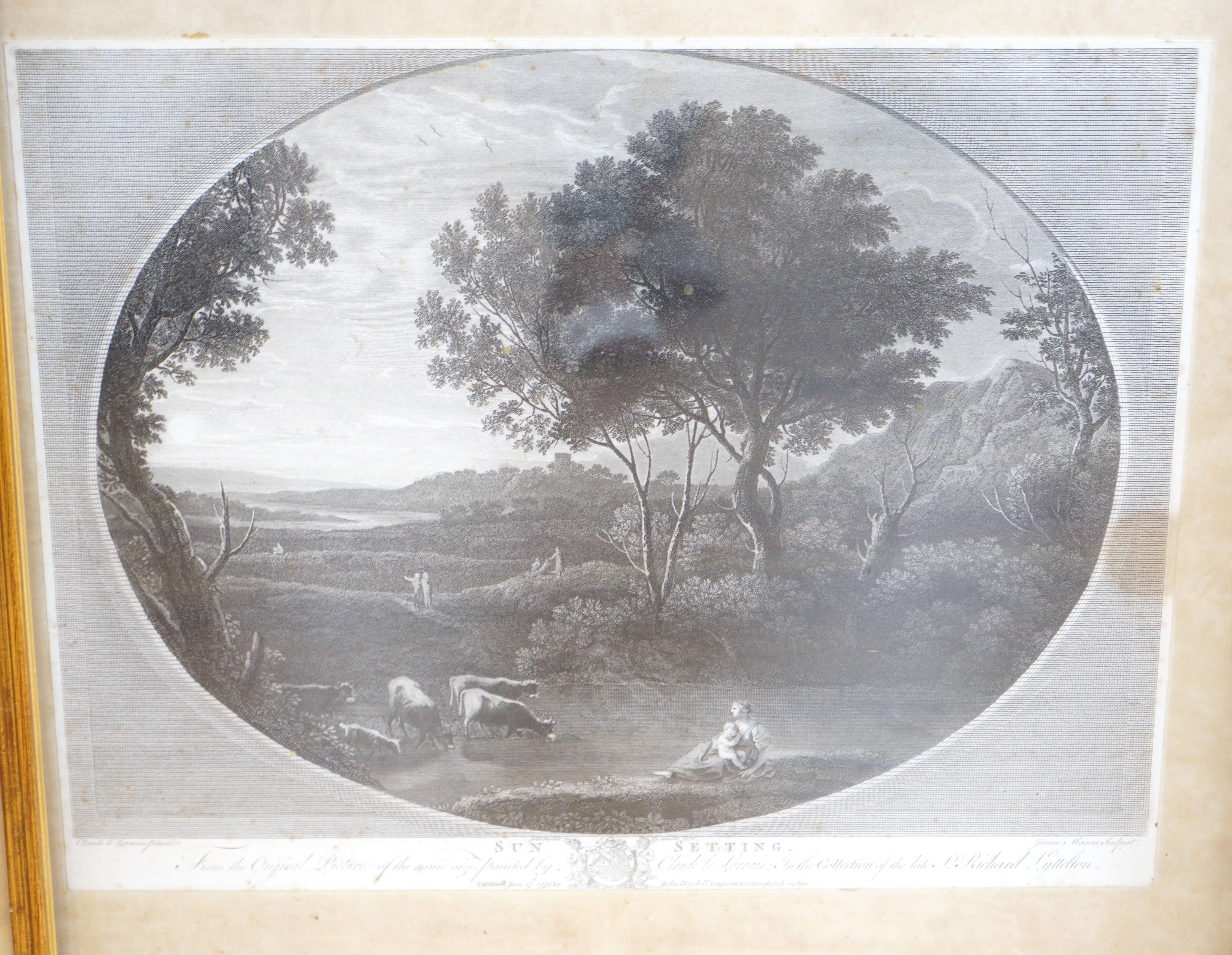 Chereau after Picart, engraving, 'Orgueilleuse de la Conqueste', 49 x 45cm, an engraving after Claude Lorrain, 'Sun setting', and an engraving of children, 36 x 48cm